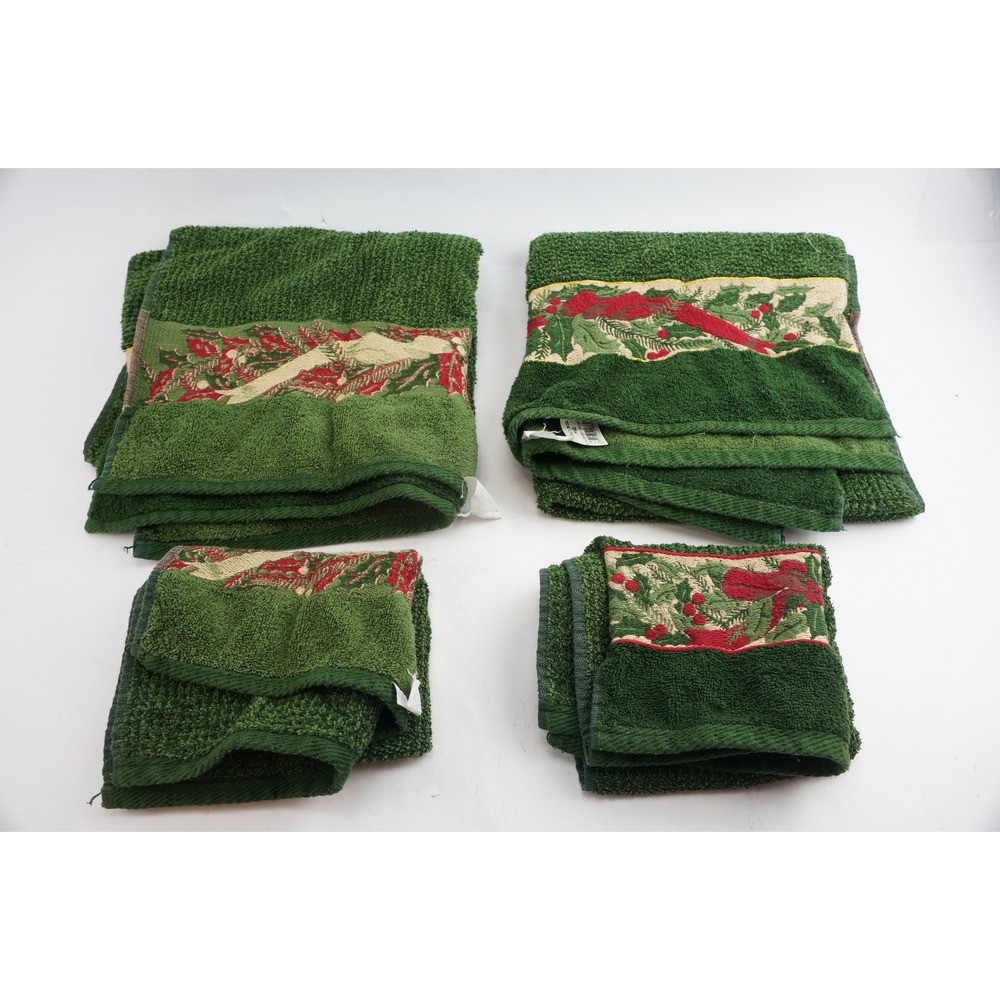 Santens Towel Set 4 Piece Green Holly Bow Pine Christmas Holiday Cotton EUC